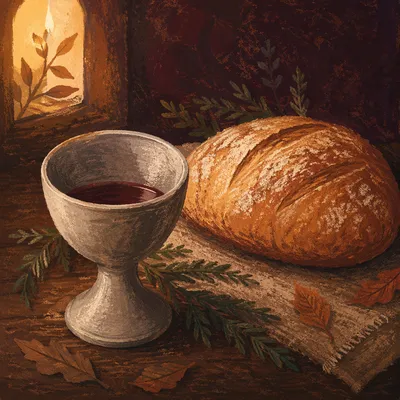 Evergreen Communion Bread and Wine Still Life