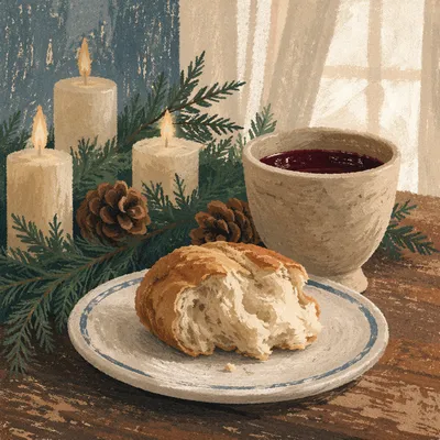 Rustic Evergreen Communion Bread and Wine