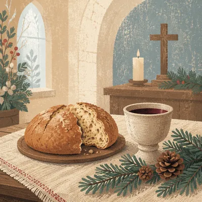 Evergreen Communion Bread and Wine Still Life