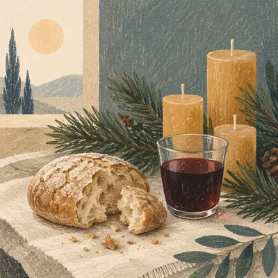 Evergreen Communion Bread and Wine Still Life