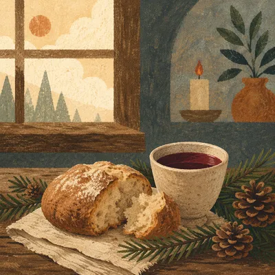 Evergreen Communion Bread and Wine Still Life