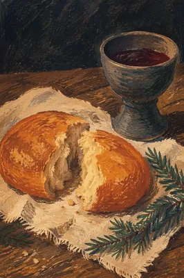 Evergreen Communion Bread and Wine Still Life