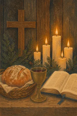 Evergreen Communion Bread and Wine Still Life