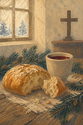 Rustic Communion Bread and Wine with Evergreens