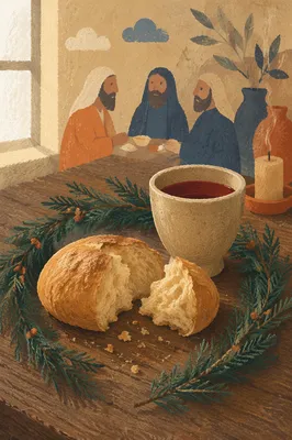 Evergreen Communion Bread and Wine Still Life