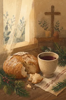 Evergreen Communion Bread and Wine Still Life