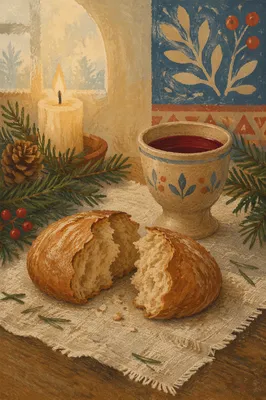 Evergreen Communion Bread and Wine Still Life