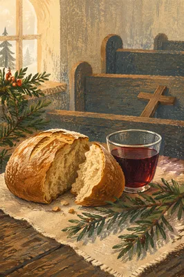 Evergreen Communion Bread and Wine Still Life