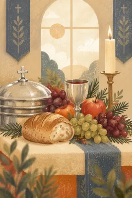 Evergreen Communion Bread and Wine Still Life