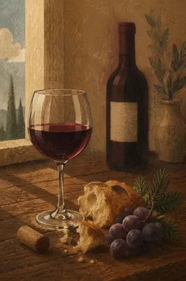 Rustic Communion Bread Wine and Evergreen