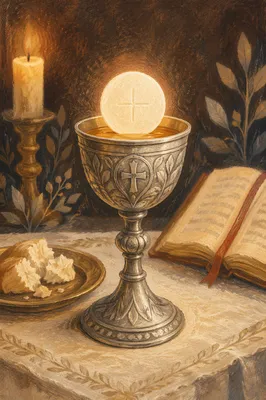Reverent Communion Chalice with Bread and Wine