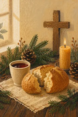 Evergreen Communion Bread and Wine Still Life