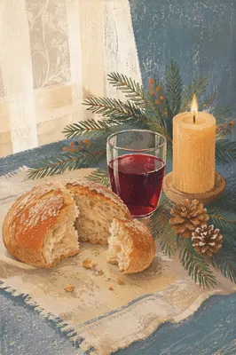 Rustic Evergreen Communion Bread and Wine