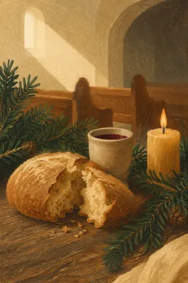 Rustic Communion Bread and Wine with Evergreens