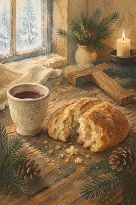 Evergreen Communion Bread and Wine Still Life