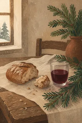 Rustic Communion Bread and Wine with Evergreen