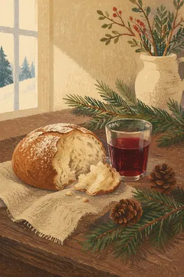 Rustic Communion Bread Wine and Evergreen