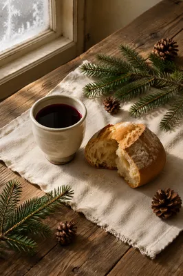 Evergreen Communion Bread and Wine Still Life