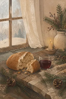 Evergreen Communion Bread and Wine Still Life