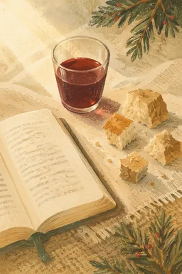 Evergreen Communion Bread and Wine Still Life