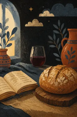 Rustic Bread and Wine Communion Still Life