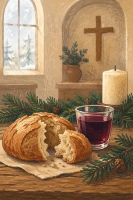 Evergreen Communion Bread and Wine Still Life