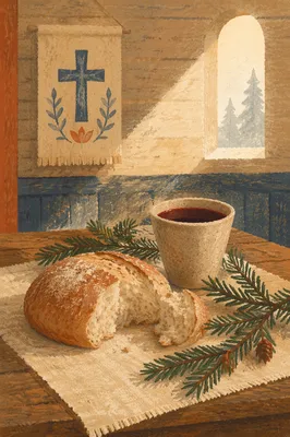 Rustic Communion Bread and Wine with Evergreen