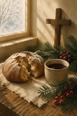 Evergreen Communion Bread and Wine Still Life