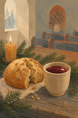Evergreen Communion Bread and Wine Still Life