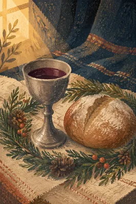 Evergreen Communion Bread and Wine Still Life