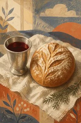 Evergreen Communion Bread and Wine Still Life