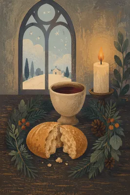 Evergreen Communion Bread and Wine Still Life