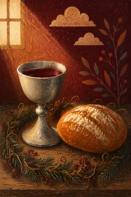 Evergreen Communion Bread and Wine Still Life