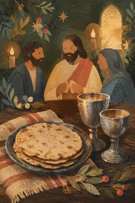 Evergreen Communion Bread and Silver Chalices
