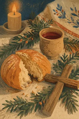 Rustic Communion Bread Wine and Evergreen Cross