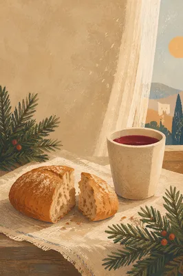 Evergreen Communion Bread and Wine Still Life