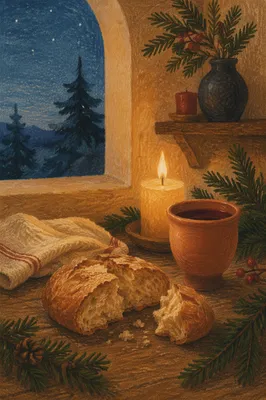 Evergreen Communion Bread and Wine Still Life