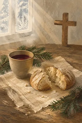 Evergreen Communion Bread and Wine Still Life