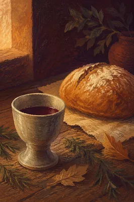 Evergreen Communion Bread and Wine Still Life