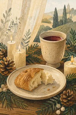 Evergreen Communion Bread and Wine Still Life