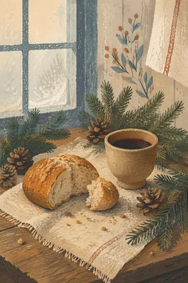 Evergreen Communion Bread and Wine Still Life