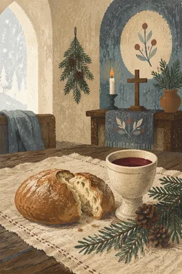 Evergreen Communion Bread and Wine Still Life