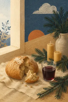 Evergreen Communion Bread and Wine Still Life