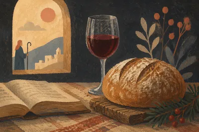 Evergreen Communion Bread and Wine Still Life