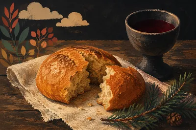 Rustic Communion Bread and Wine Still Life