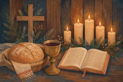 Evergreen Communion Bread and Wine Still Life