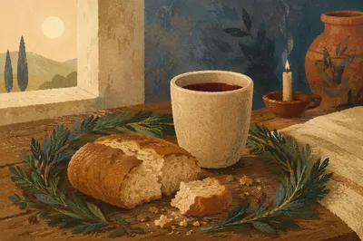 Rustic Evergreen Communion Bread and Wine