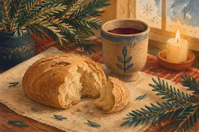 Evergreen Communion Bread and Wine Still Life