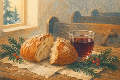 Evergreen Communion Bread and Wine Still Life