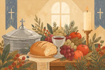 Evergreen Communion Bread and Wine Still Life